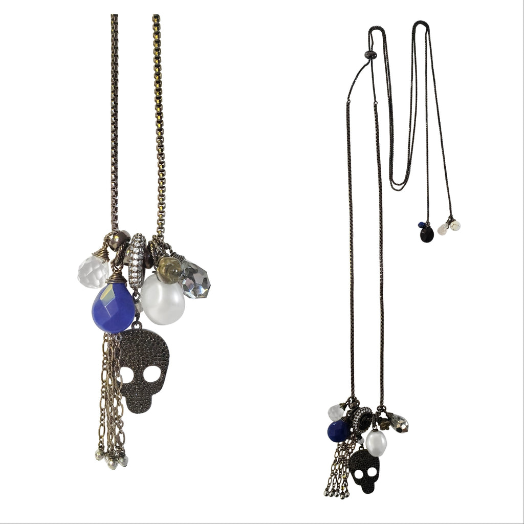 Adjustable black micro pave sz skull necklace , gemstone charms