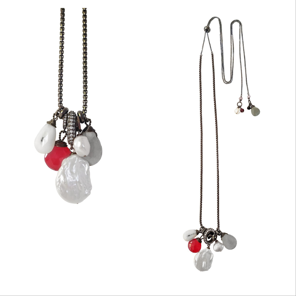 Adjustable gemstone charm necklace with fresh water pearl,fuchsia chalsedony briolette, labradorite.