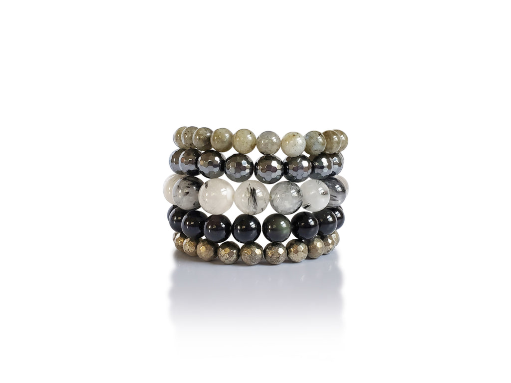 Gemstone stretch bracelet set of 5 - tourmalinated quartz beads, faceted hematite beads, smooth onyx beads, faceted pyrite beads, smooth labradorite beads.