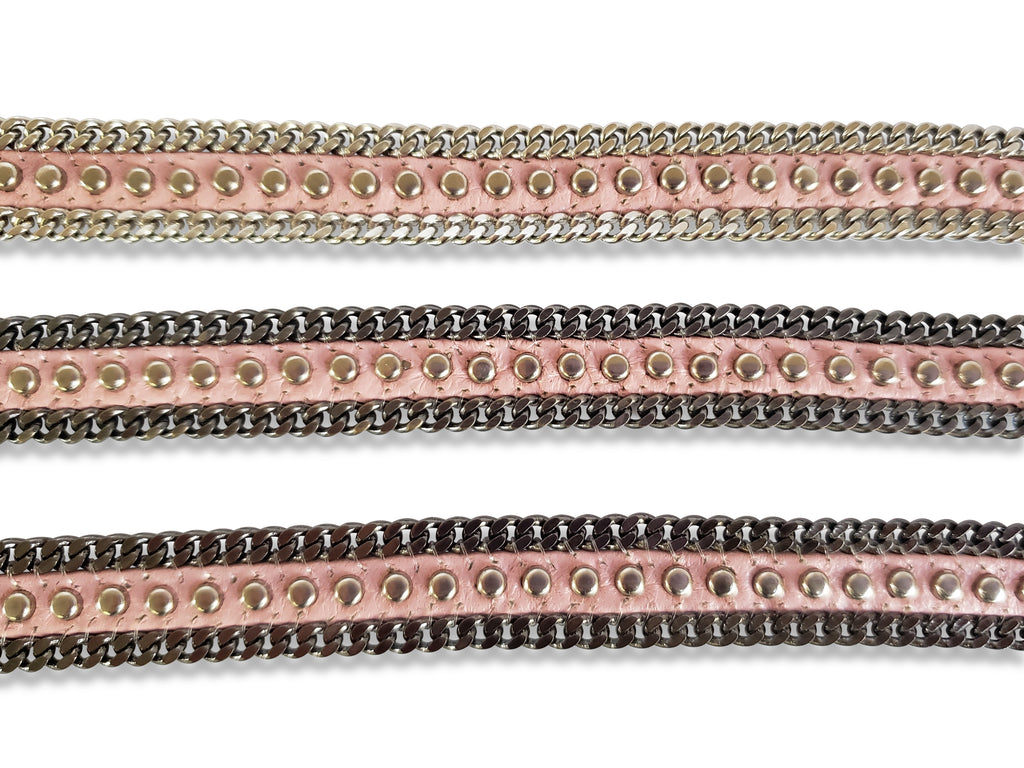 Silver studed pink leather bracelet samples with silver, gray and gunmetal chain edges.