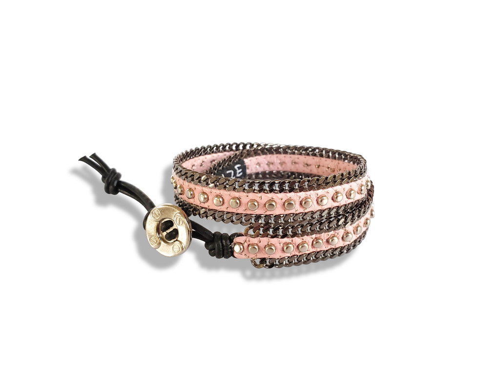 Soft pink double wrap leather bracelet with silver studs and gray color chain edges, silver button closure.