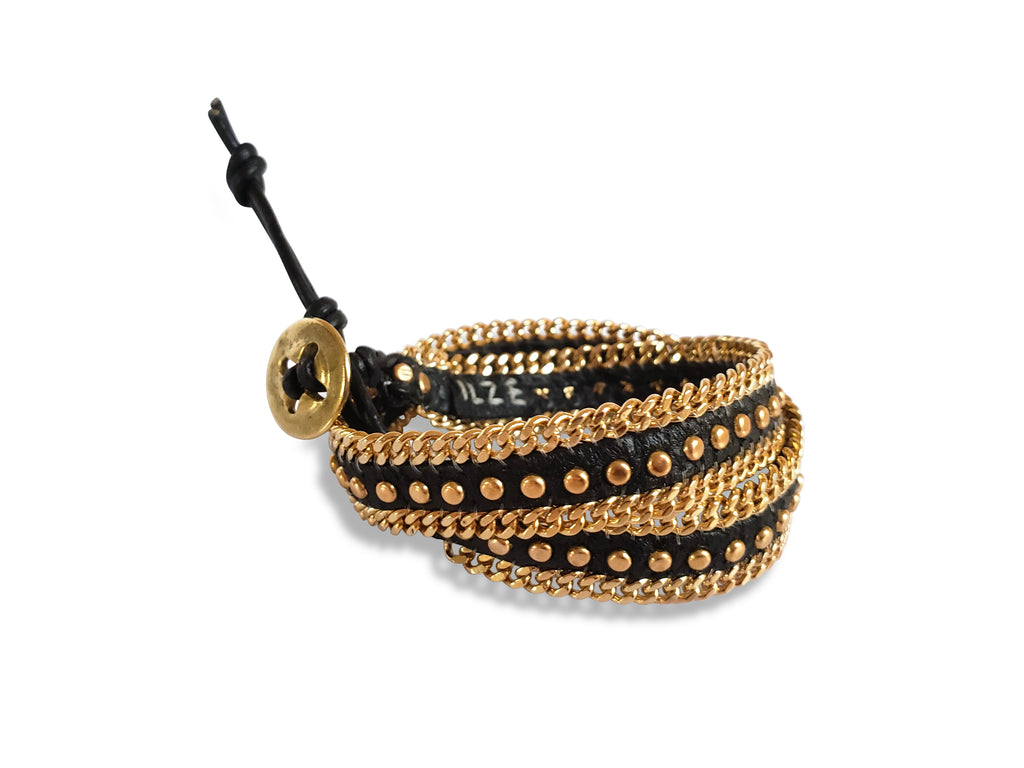 Black leather with gold studs, double wrap bracelet with gold chain edges and gold button closure