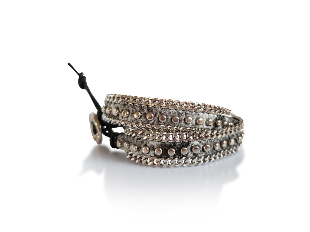 Gray python double wrap bracelet with silver color studs, silver color chain edges .