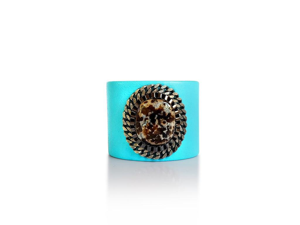 Black Lace Agate cuff, turquoise leather, gunmetal,gray chains.