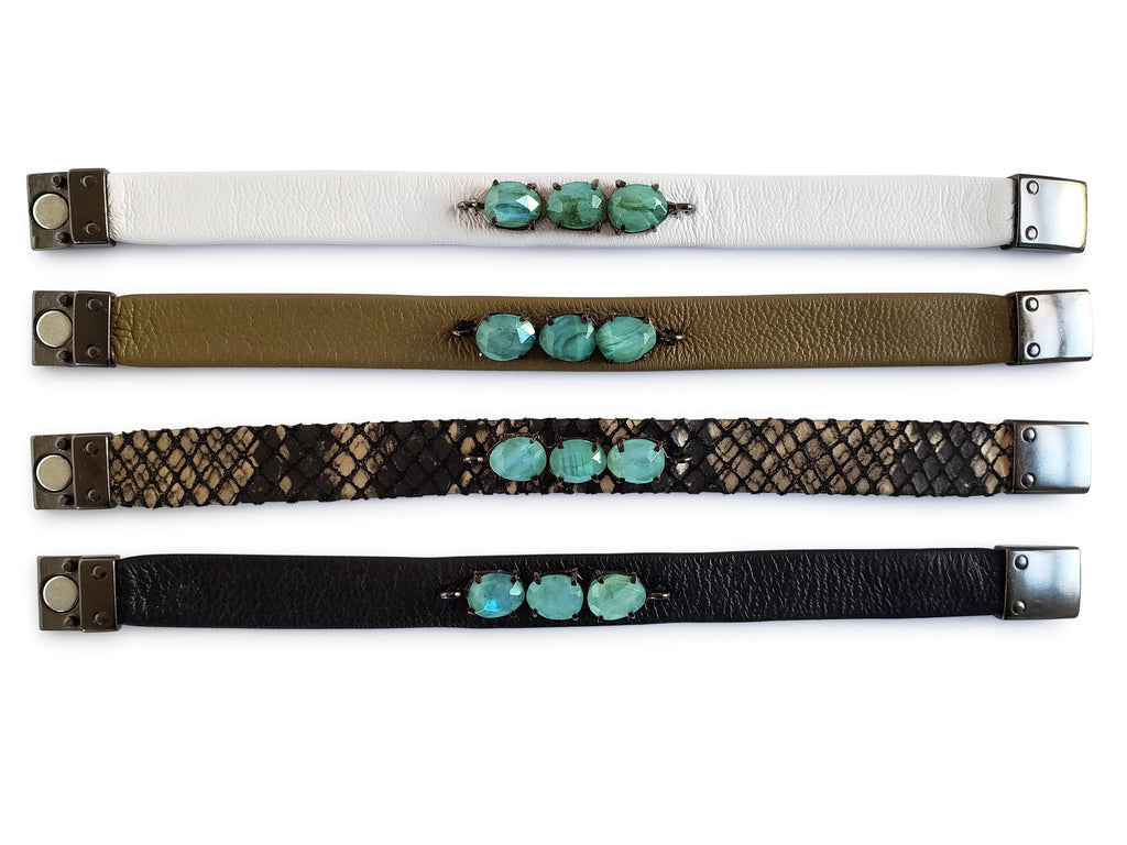 Magnetic leather bracelets in white, black and gold python, olive and black leather with labradorite stone bars.