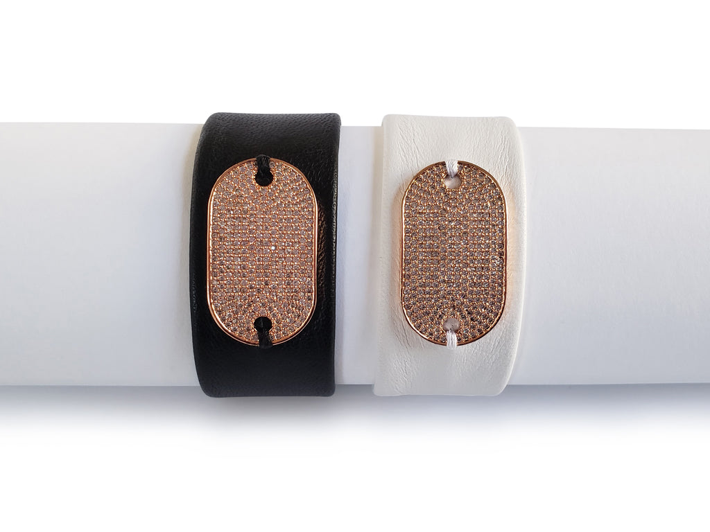 Magnetic leather bracelet with rose gold micro pave SZ rectangle taAvailable in black and white leather.g.