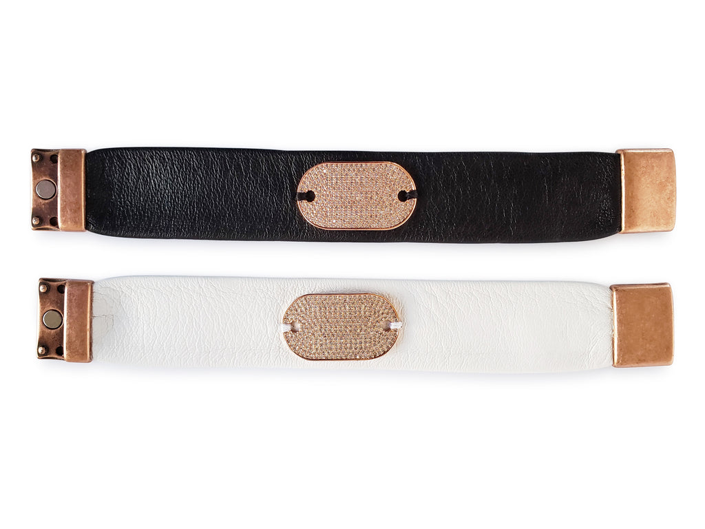 Magnetic leather bracelet with rose gold micro pave SZ rectangle tag.Available in black and white leather.