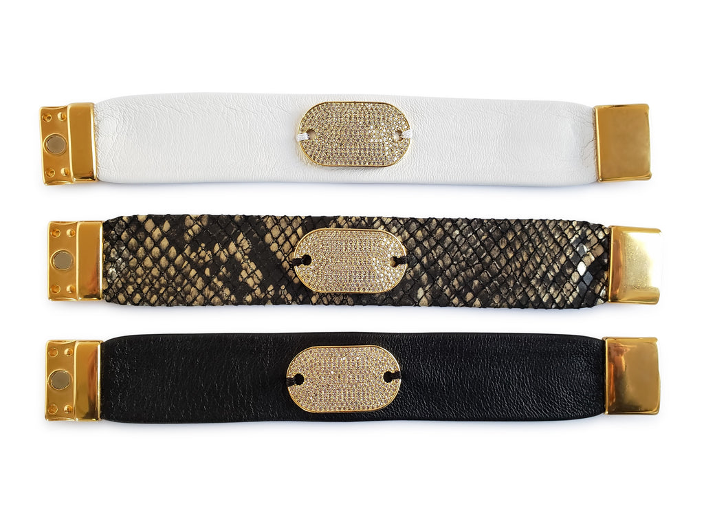 Magnetick bracelet in black and gold python, white and black leather with gold, crystal micro pave SZ tag