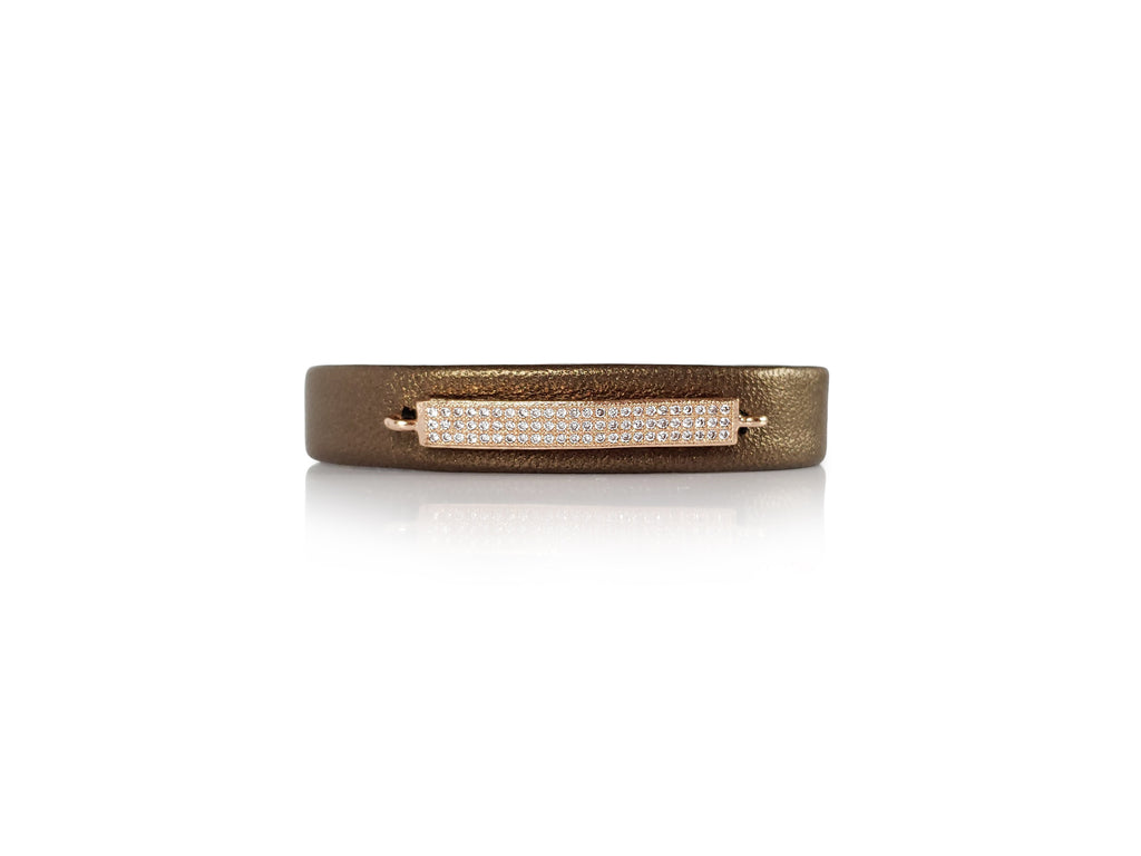 Magnetic bronze leather 0'5 wide bracelet with rose gold micro pave sz bar.