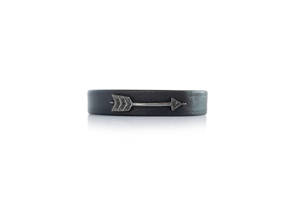 Magnetic black leather bracelet ,0'5 inches wide  with gunmetal micro pave sz arrov.