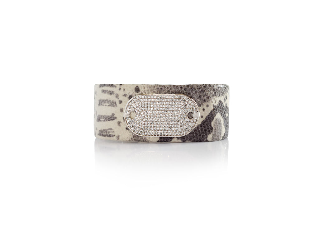Magnetic python leather bracelet with silver,crystal micro pave SZ tag.