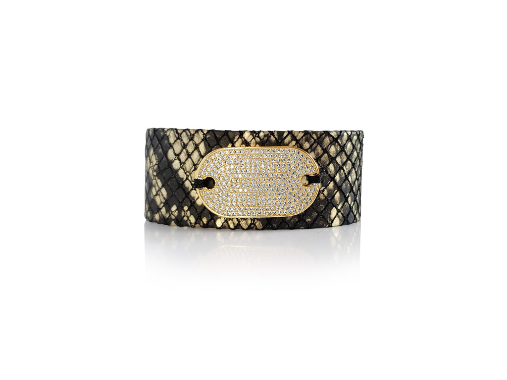 Magnetick black and gold python leather bracelet with gold, crystal micro pave SZ tag