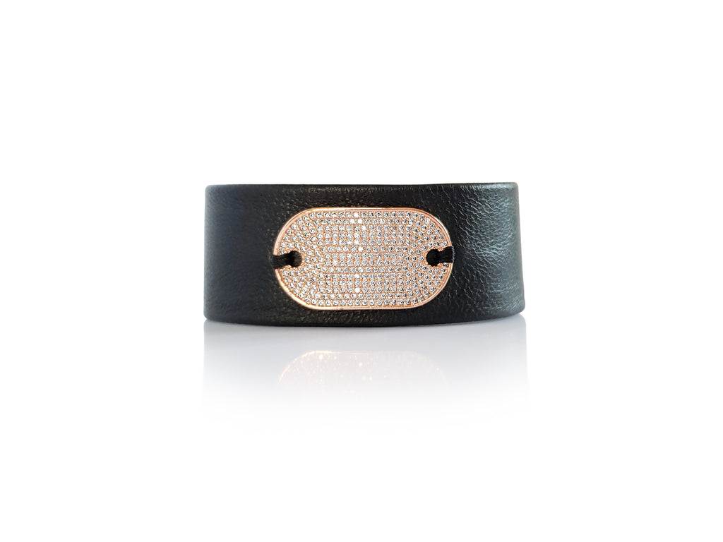 Magnetic black leather bracelet with rose gold micro pave SZ rectangle tag.