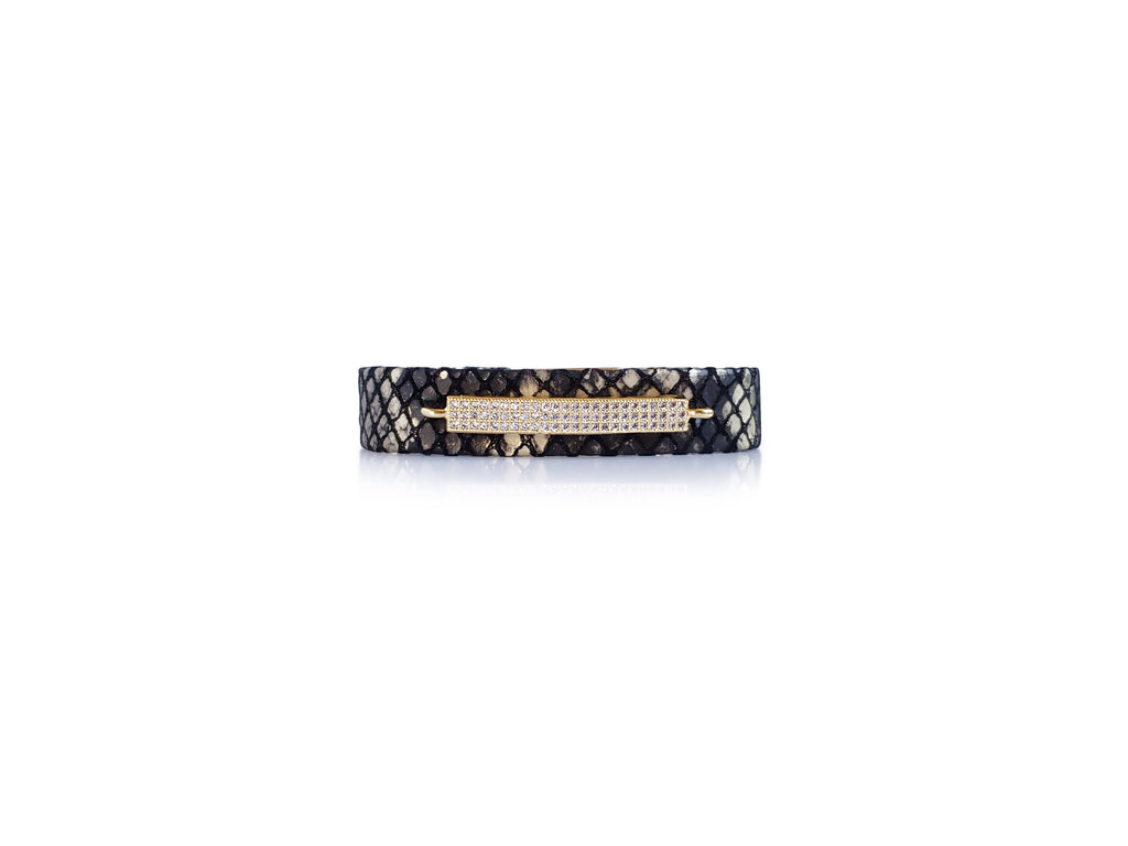 Magnetic black and gold python bracelet 0,5 inches wide with gold,crystal micro pave sz bar.