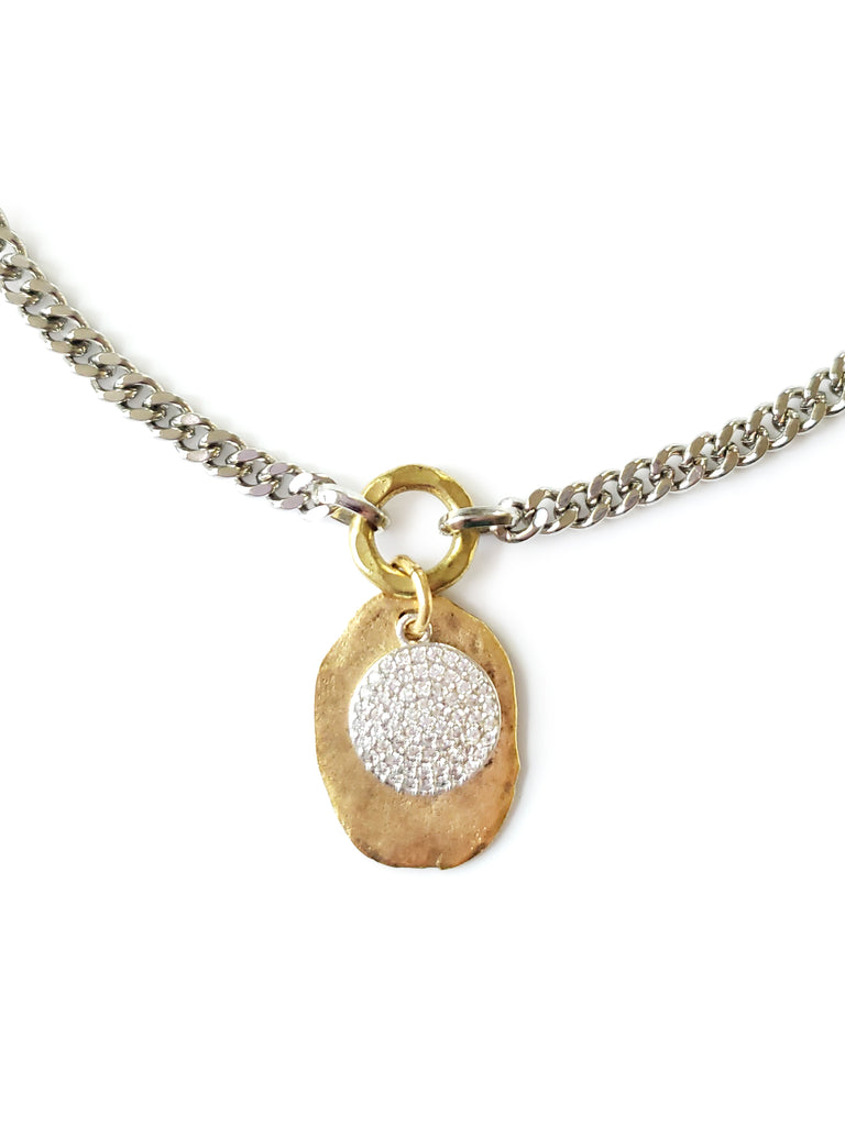 Gold disc pendant with silver micro pave Sz coin in crystal cubic zirconia.