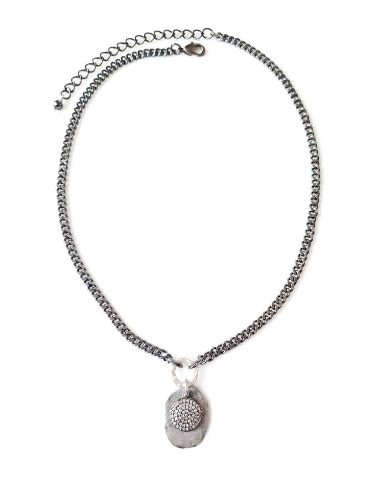 Gray color chain necklace with silver disc and gunmetal micro pave SZ coin in crystal cubic zirconia.Necklace is approximately 16" long with 3" extender.