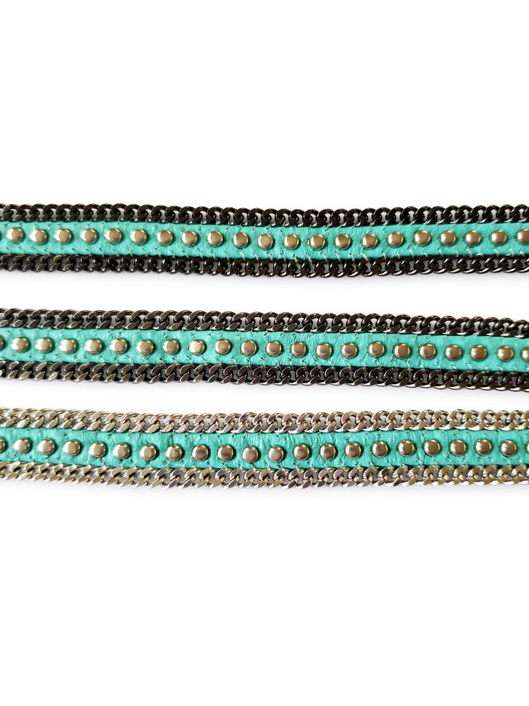 turquoise leather and silver stud bracelet close up samples with silver, gray and gunmetal chain edges.